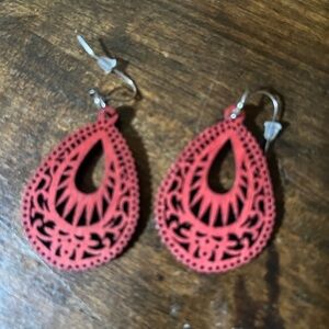 Elegant Red Teardrop Earrings Weightless Wooden Hand Painted